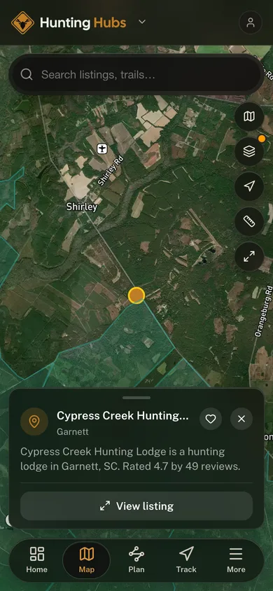 Nearby places mapped in the Hunting Hubs app